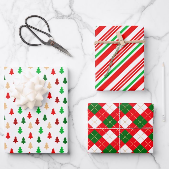 Feuille De Papier Cadeau Noël classique Motif rouge et vert (Recto)