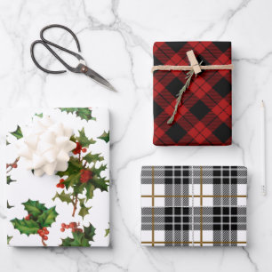 Feuille De Papier Cadeau Noël classique Plaid et Vintage Holly