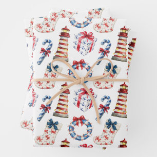 Feuille De Papier Cadeau Noël côtier Bleu et Rouge Nautique