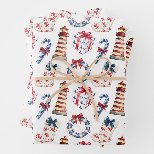 Feuille De Papier Cadeau Noël côtier Bleu et Rouge Nautique (En situation)