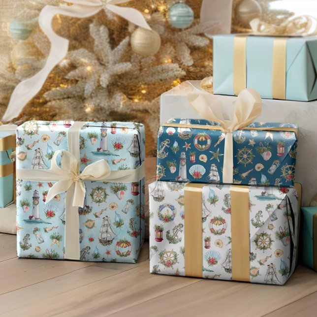Feuille De Papier Cadeau Noël côtier Motifs nautiques (Créateur téléchargé)