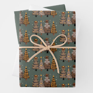 Feuille De Papier Cadeau Noël Country Western Arbre Cowboy Cowgirl 