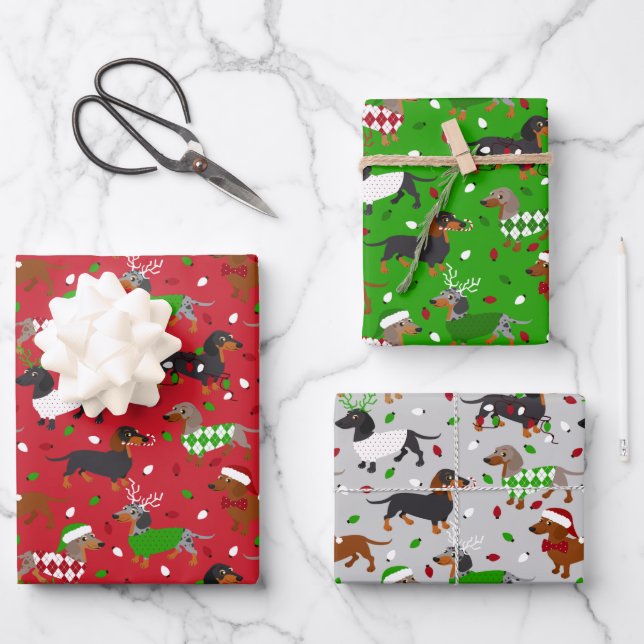 Feuille De Papier Cadeau Noël Dachshund Tous les manteaux (Recto)