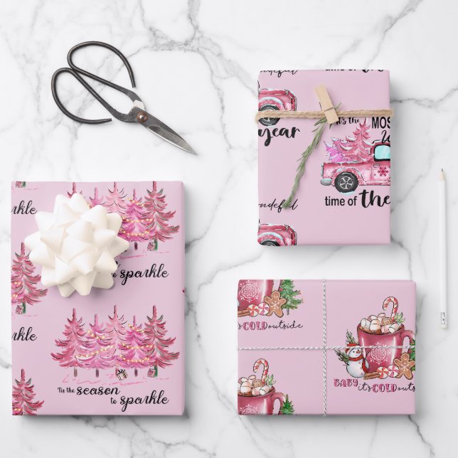 Feuille De Papier Cadeau Noël de fille rose pâle (Recto)