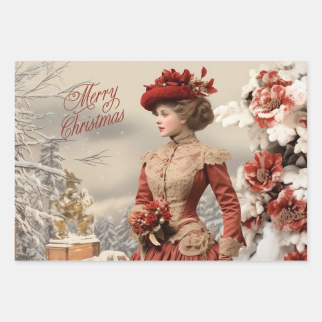 Feuille De Papier Cadeau Noël de la dame victorienne (Devant)