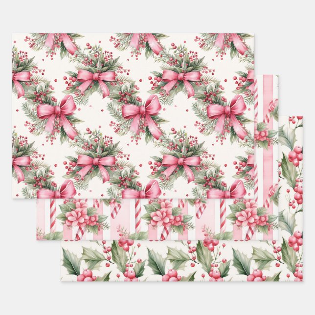 Feuille De Papier Cadeau Noël de l'aquarelle rose (Lot)