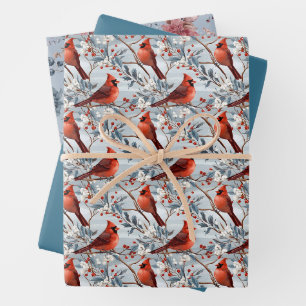 Feuille De Papier Cadeau Noël des cardinaux d'hiver et des fleurs