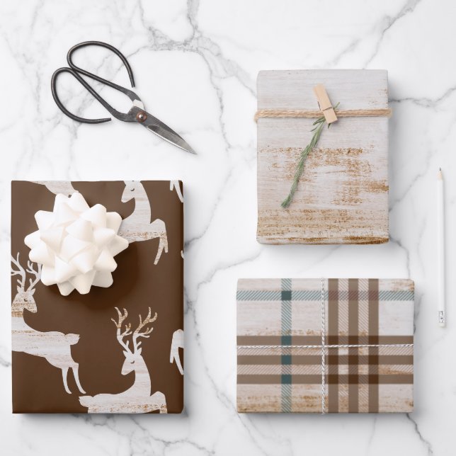 Feuille De Papier Cadeau Noël des cerfs rustiques (Recto)