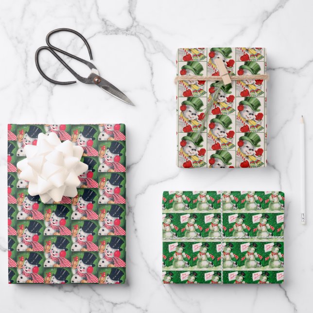 Feuille De Papier Cadeau Noël des hommes de neige rétro (Recto)