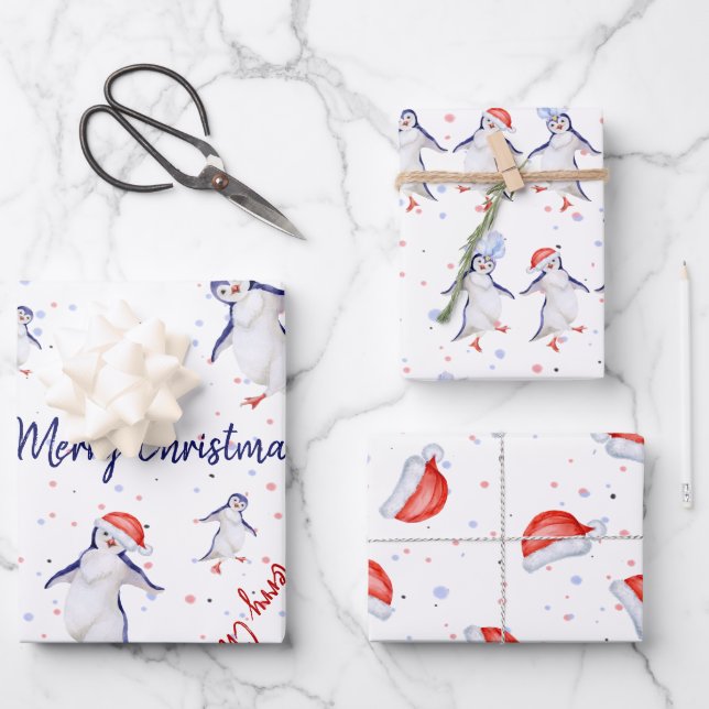 Feuille De Papier Cadeau Noël des mignons pingouins dansants (Recto)
