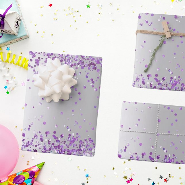 Feuille De Papier Cadeau Noël des Noël étincelants aux confettis violets ar (Créateur téléchargé)
