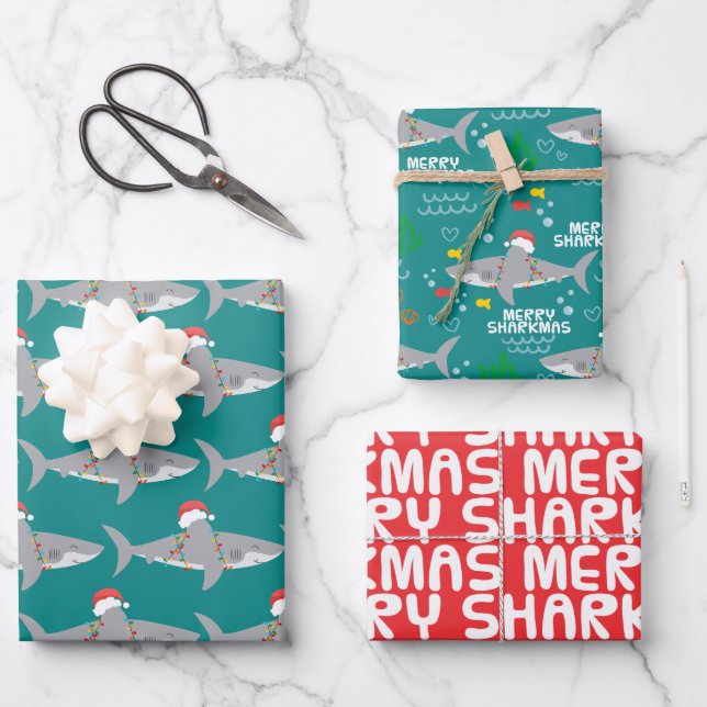 Feuille De Papier Cadeau Noël drôle de requin (Recto)