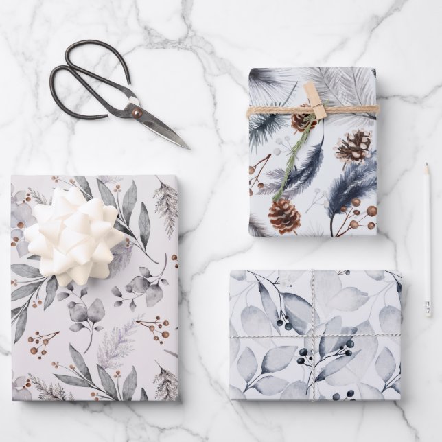 Feuille De Papier Cadeau Noël du feuillage botanique d'hiver (Recto)