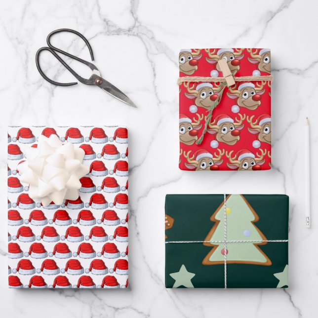 Feuille De Papier Cadeau Noël du Père Noël rouge et vert (Recto)