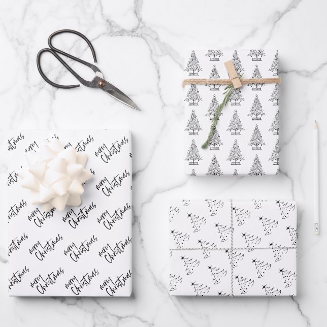 Feuille De Papier Cadeau Noël élégant noir et blanc (Recto)