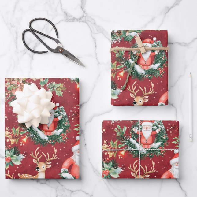 Feuille De Papier Cadeau Noël Festif Père Noël et rennes (Recto)