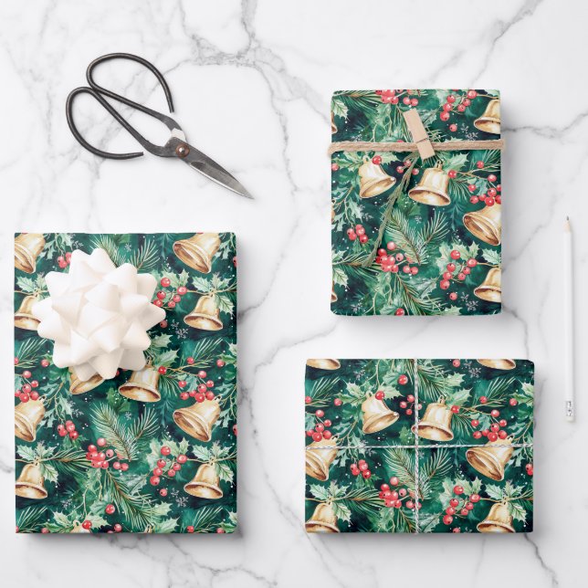 Feuille De Papier Cadeau Noël Festive cloches et Holly (Recto)