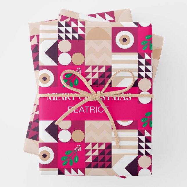 Feuille De Papier Cadeau Noël Géométrique Rose Moderne Nommé (En situation)