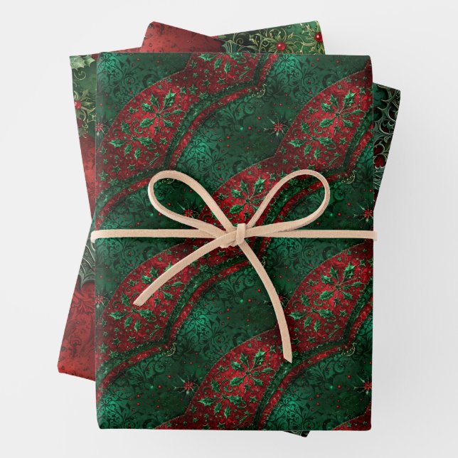 Feuille De Papier Cadeau Noël gothique vert et rouge (En situation)