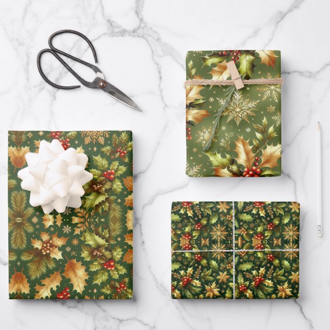 Feuille De Papier Cadeau Noël Green & Gold Hollies (Recto)