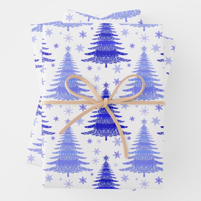 Feuille De Papier Cadeau Noël Holliday Blue Trees Motif Cadeau (En situation)
