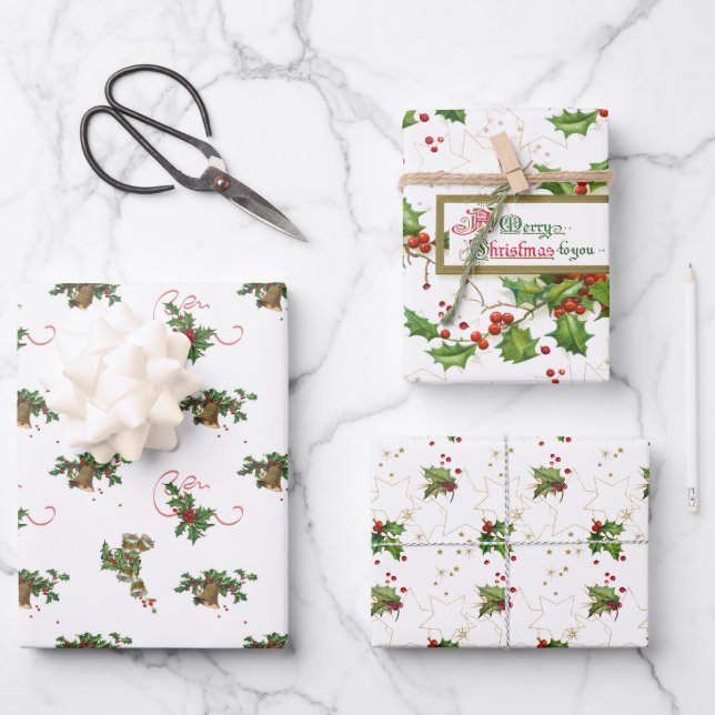 Feuille De Papier Cadeau Noël Holly, Bells et Stars (Recto)