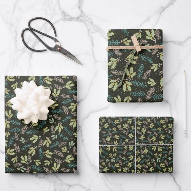Feuille De Papier Cadeau Noël Holly branché (Recto)