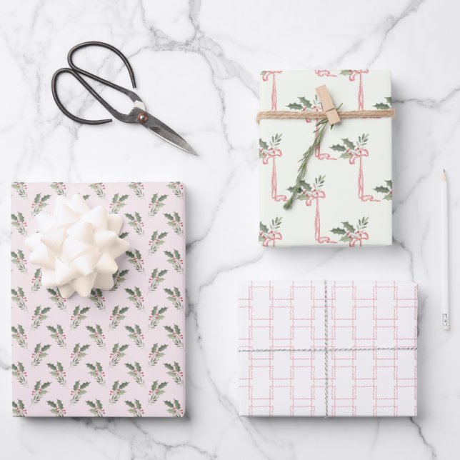 Feuille De Papier Cadeau Noël Holly Rose & Vert (Recto)
