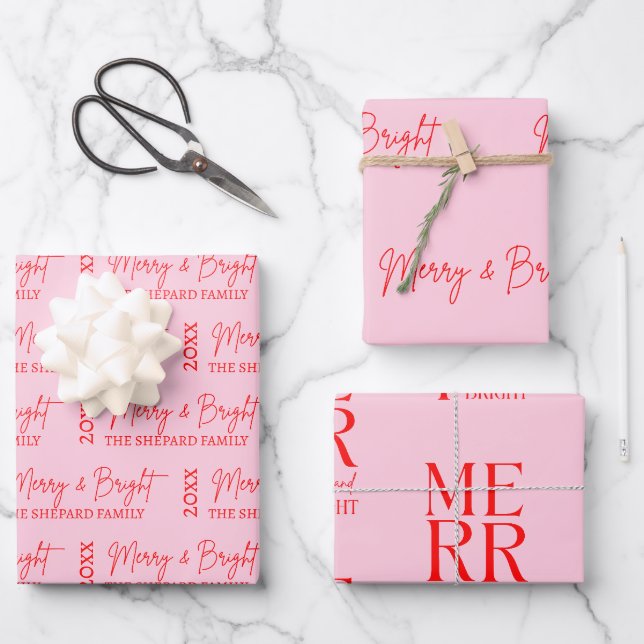 Feuille De Papier Cadeau Noël Joyeux et rose rouge vif 2025 (Recto)