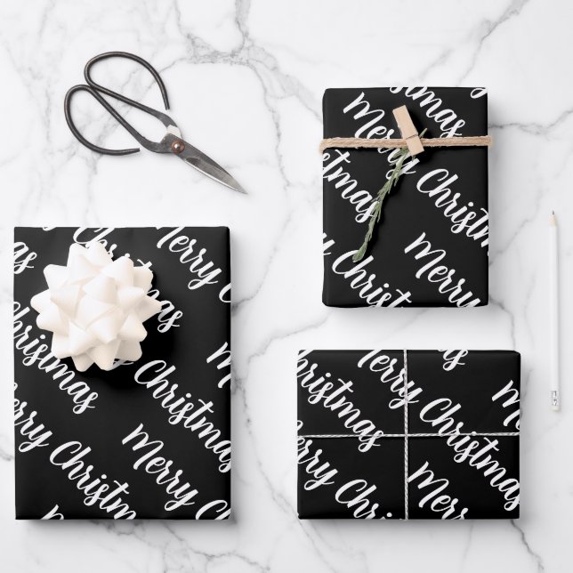 Feuille De Papier Cadeau Noël joyeux noir arrière - plan blanc script (Recto)