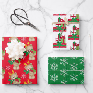Feuille De Papier Cadeau Noël Mignonne Ours Fête Présente Flocon de neige