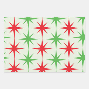 Feuille De Papier Cadeau Noël Milieu de Siècle Rouge Vert Éclats Atomiques