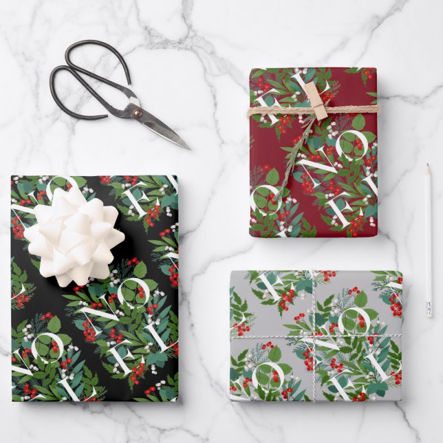 Feuille De Papier Cadeau Noël NOEL Green et Berries (Recto)