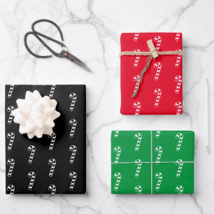 Feuille De Papier Cadeau Noël noir blanc rouge vert sucre de canne motif