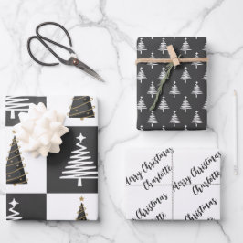 Feuille De Papier Cadeau Noël noir et blanc personnalisé moderne