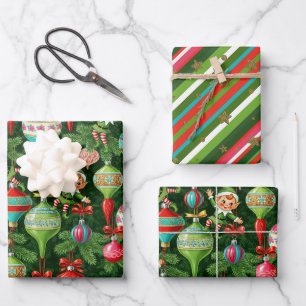 Feuille De Papier Cadeau Noel nostalgique : Elfes et ornements