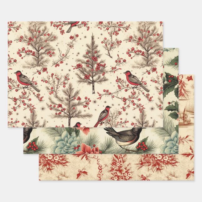 Feuille De Papier Cadeau Noël Oiseaux d'hiver Découpage rustique Vintage (Lot)