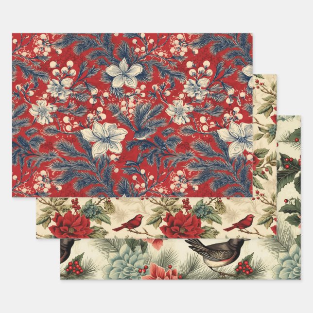 Feuille De Papier Cadeau Noël Oiseaux d'hiver Découpage rustique Vintage (Lot)