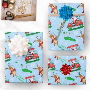 Feuille De Papier Cadeau Noël Père Noël Golf avec Motif de rennes