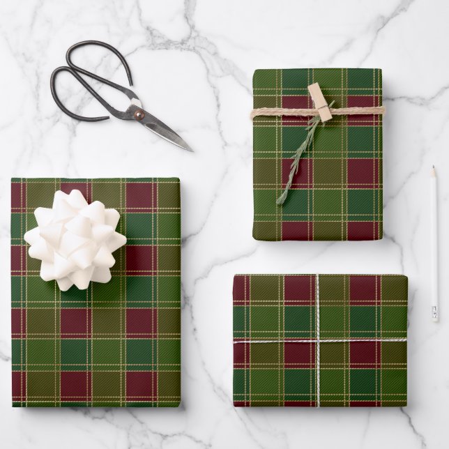 Feuille De Papier Cadeau Noël plaid bordeaux or vert élégant (Recto)