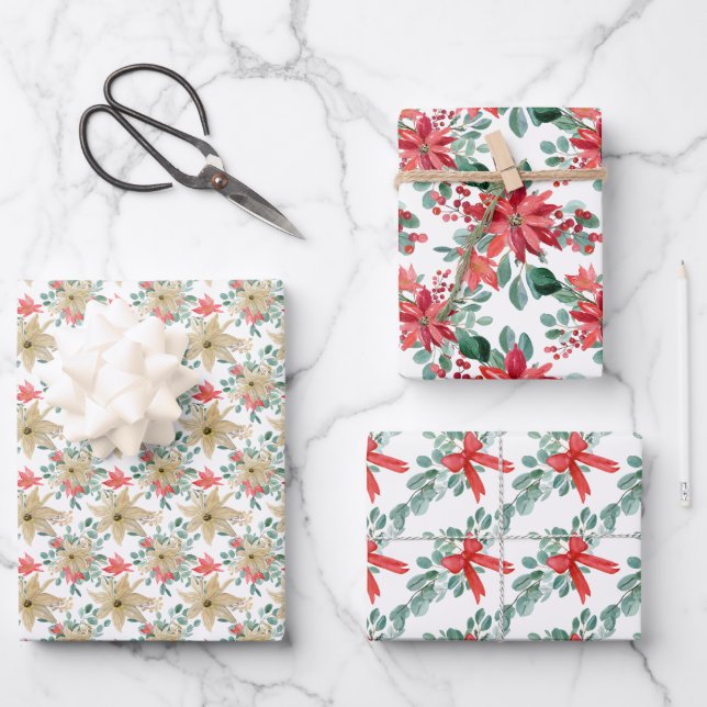 Feuille De Papier Cadeau Noël Poinsettia Aquarelles (Recto)