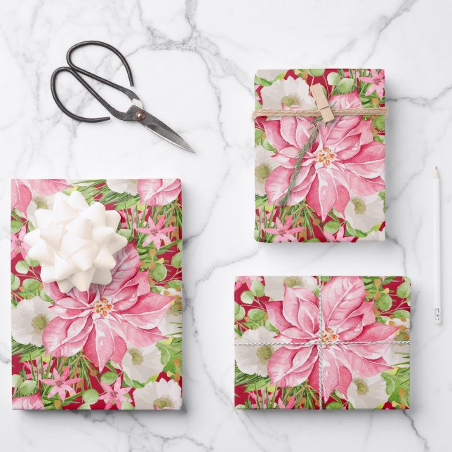 Feuille De Papier Cadeau Noël Poinsettia Fête Florale (Recto)