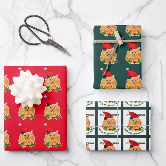 Feuille De Papier Cadeau Noël Poméranien de Cute Père Noël (Recto)
