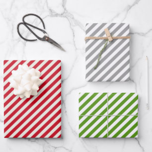 Feuille De Papier Cadeau Noël rayé d'argent vert rouge