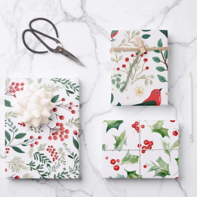 Feuille De Papier Cadeau Noël Red Holly Berries (Recto)