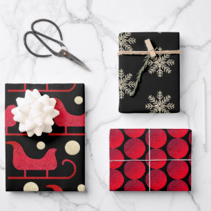 Feuille De Papier Cadeau Noël Red Père Noël Sleigh Snowflake Dots Parties s