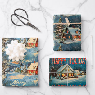 Feuille De Papier Cadeau Noël Rétro Vintage : Scènes de villages neigeux