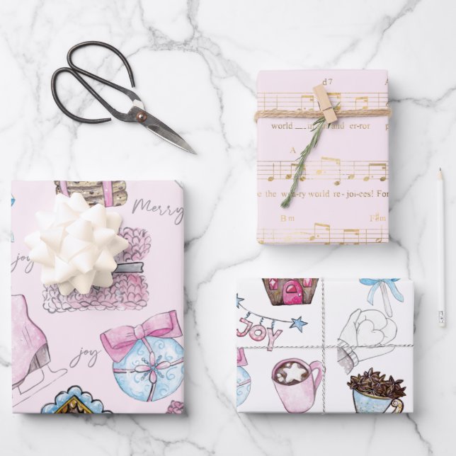 Feuille De Papier Cadeau Noël rose aquarelle (Recto)