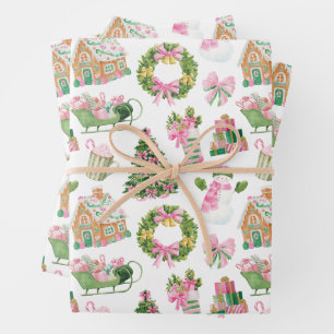 Feuille De Papier Cadeau Noël rose et vert Preppy