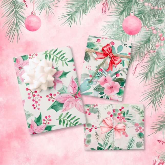Feuille De Papier Cadeau Noël rose Floral Vintage (Pink Floral Vintage Christmas Wrapping Paper (3) Sheets)